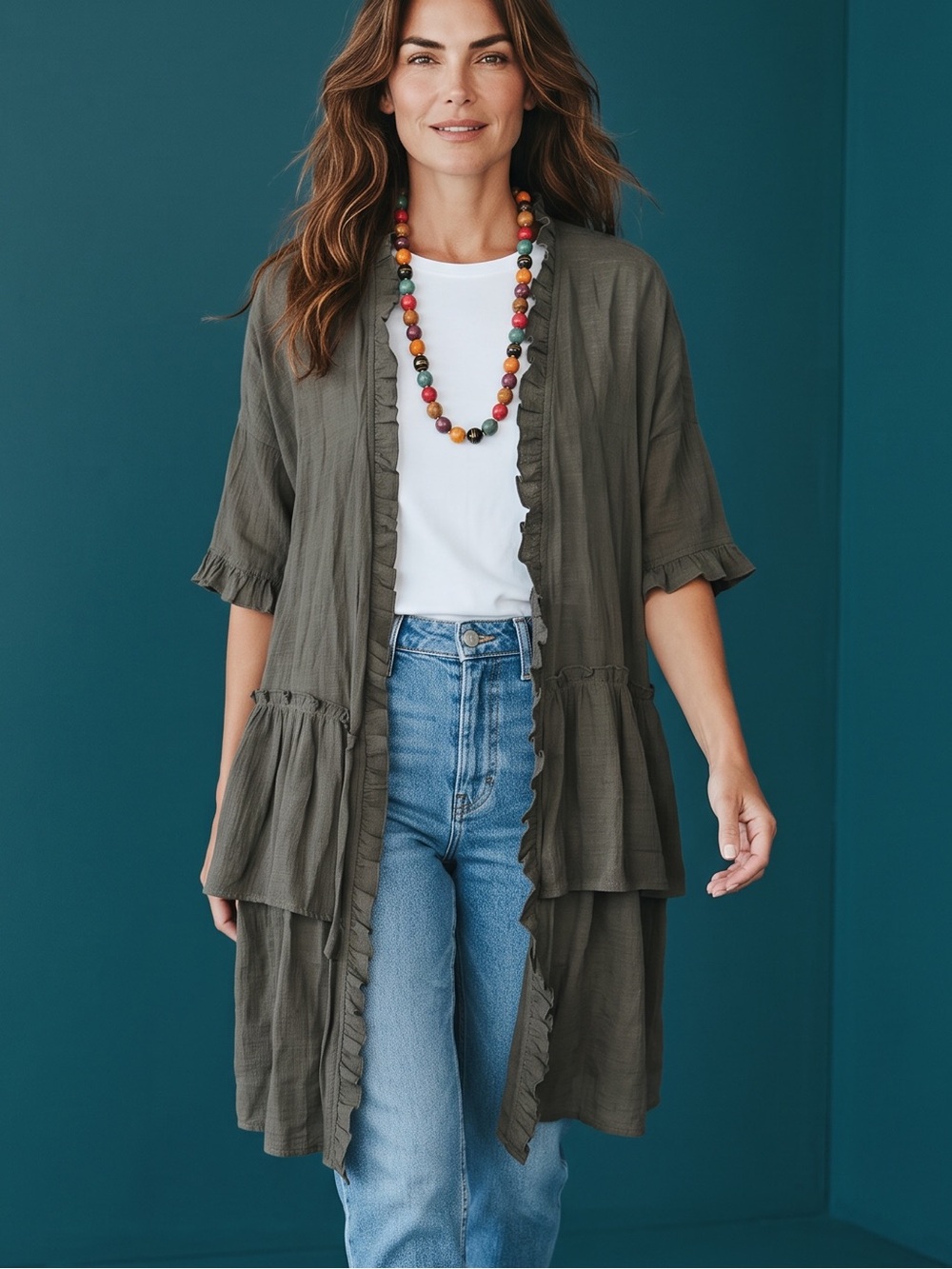 Women's Lightweight Ruffle-Trim Open Front Blouse — Charcoal
